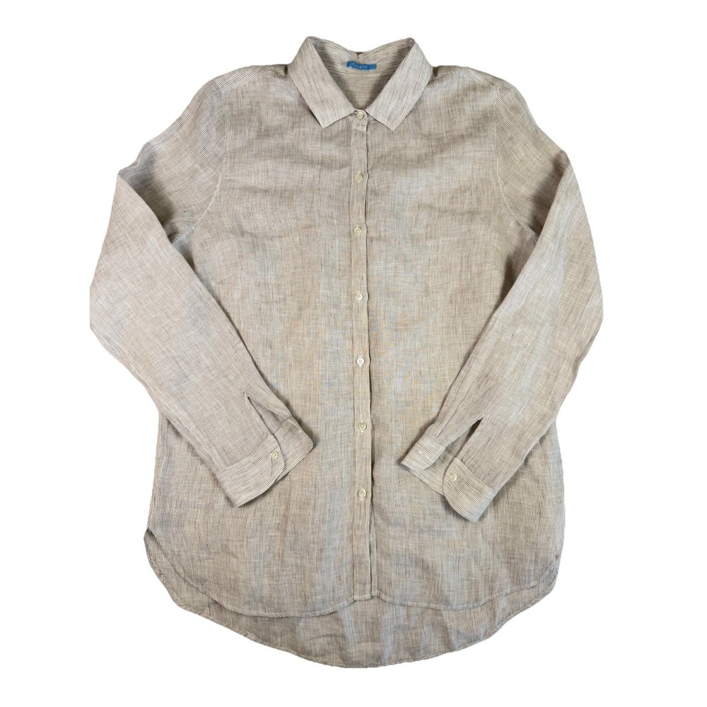 J. McLaughlin Britt Linen Button Down Shirt‎ Tan Beige Sz L Tunic Minimalist EUC